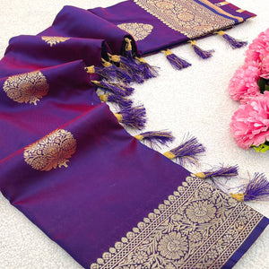 Violet Pure Banarasi Silk Saree Adorned with Intricate Zari Butti Woven Detailing