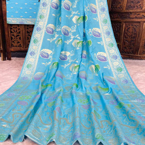 Blue Soft Dola Silk Saree Adorned with Intricate Meenakari-Style Weaving