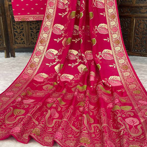 Dark Pink Soft Dola Silk Saree Adorned with Intricate Meenakari-Style Weaving