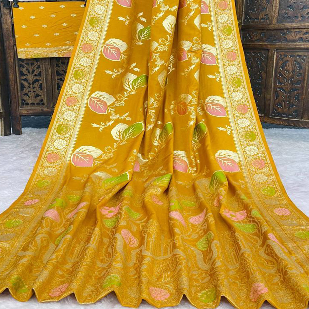 Mustard Soft Dola Silk Saree Adorned with Intricate Meenakari-Style Weaving