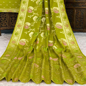 Olive Soft Dola Silk Saree Adorned with Intricate Meenakari-Style Weaving