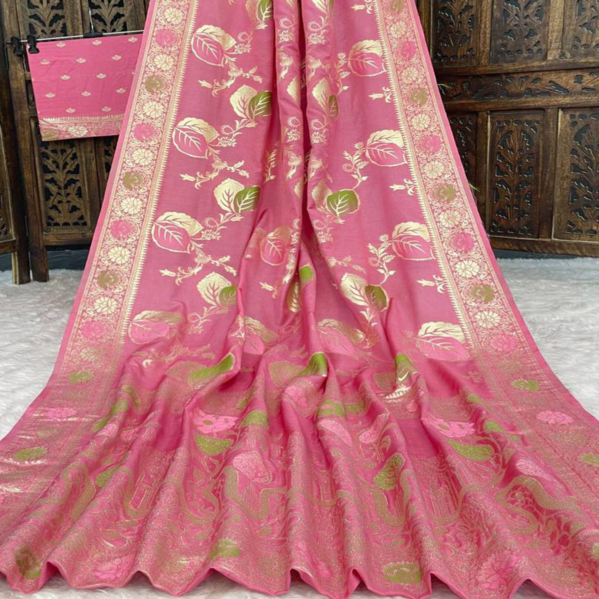 Pink Soft Dola Silk Saree Adorned with Intricate Meenakari-Style Weaving