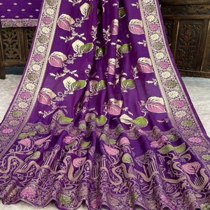 Purple Soft Dola Silk Saree Adorned with Intricate Meenakari-Style Weaving