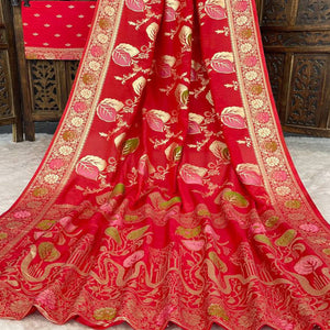 Red Soft Dola Silk Saree Adorned with Intricate Meenakari-Style Weaving