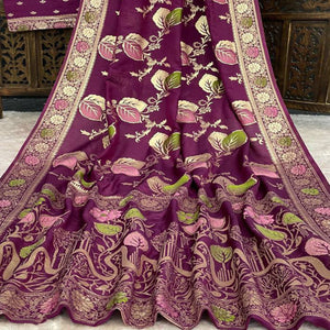 Wine Soft Dola Silk Saree Adorned with Intricate Meenakari-Style Weaving