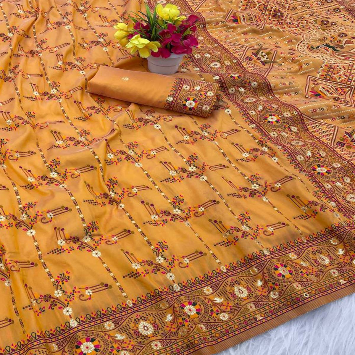Mustard Pashmina Silk Saree Featuring Rajwadi Traditional Weaving with a Kashmiri Pallu