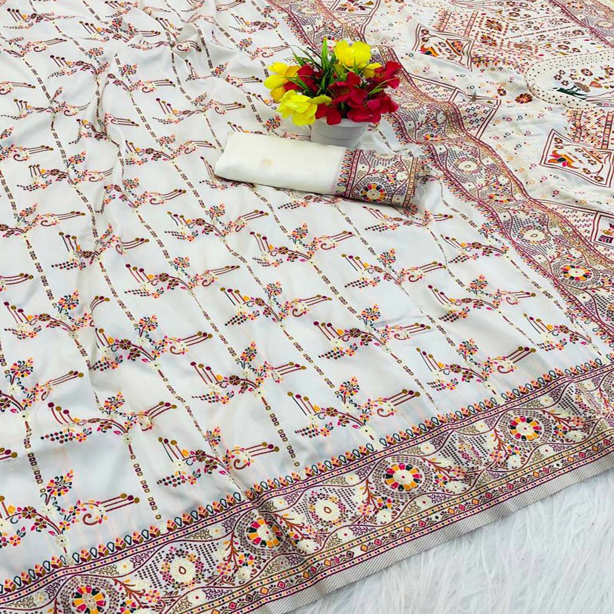 White Pashmina Silk Saree Featuring Rajwadi Traditional Weaving with a Kashmiri Pallu