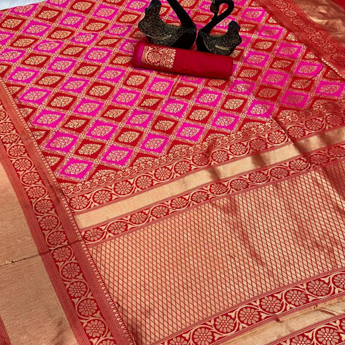Rani Pink Floral Woven Lichi Banarasi Silk Saree