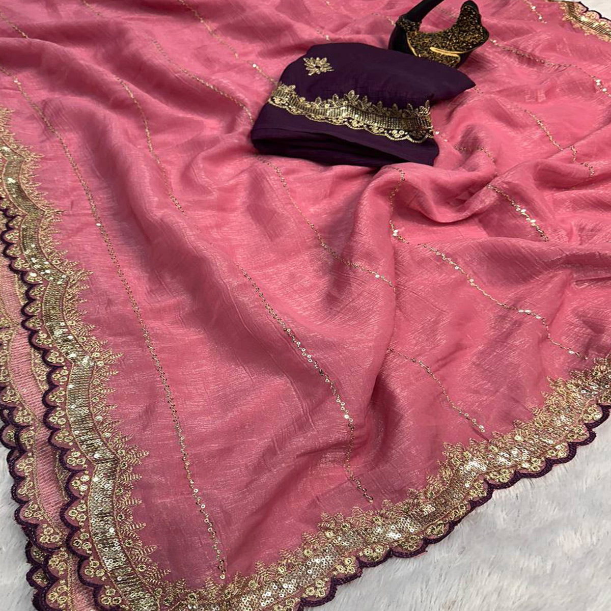 Gajari Pink Sequins Embroidered Tussar silk Saree
