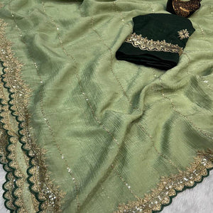 Green Sequins Embroidered Tussar silk Saree
