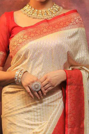 Cream & Red Woven Lichi Banarasi Silk Saree