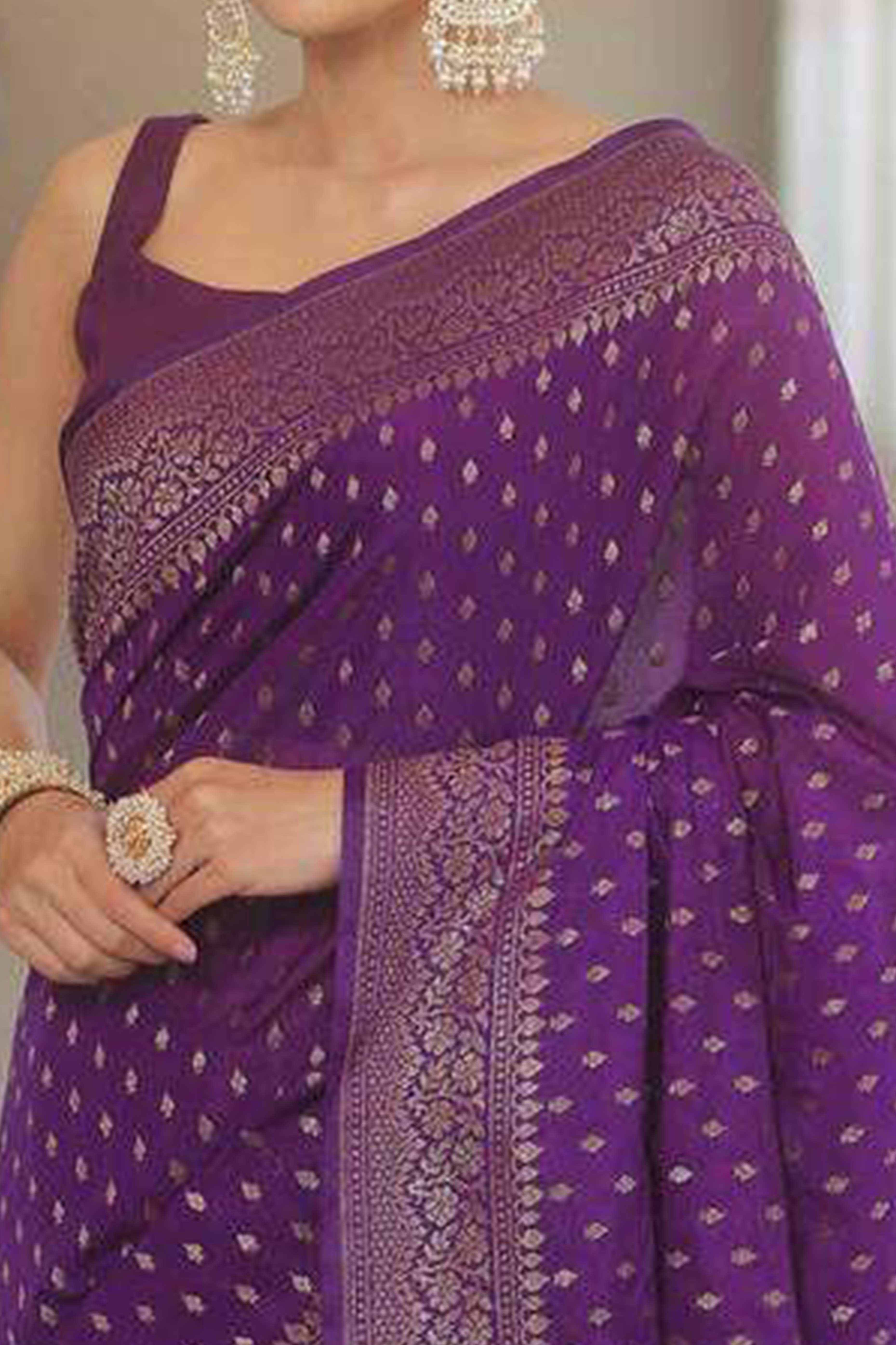 Violet  Floral Woven Lichi Banarasi Silk Saree