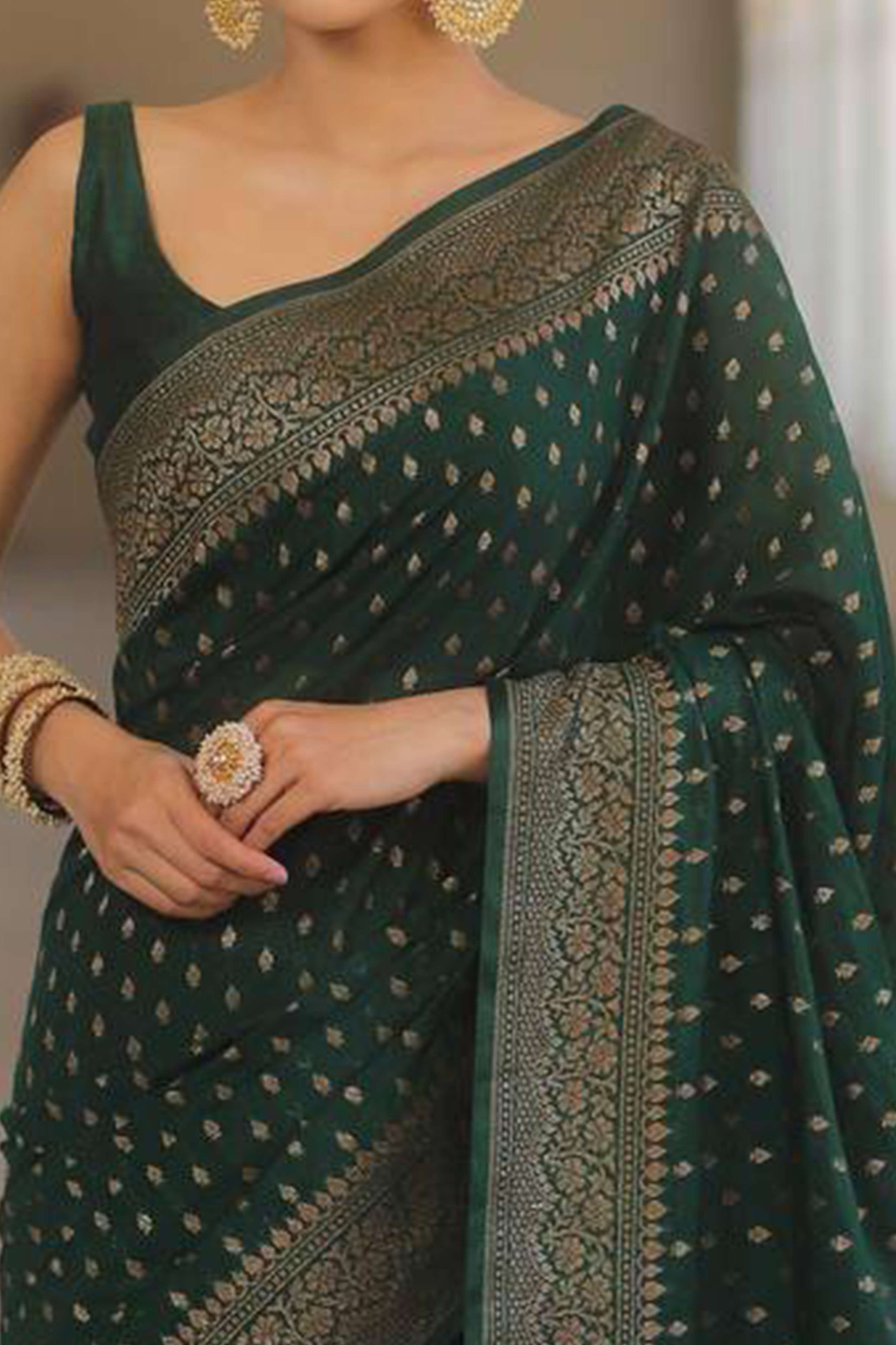 Green Floral Woven Lichi Banarasi Silk Saree
