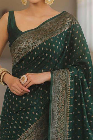 Green Floral Woven Lichi Banarasi Silk Saree