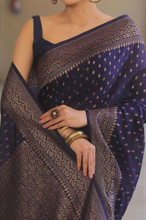 Navy Blue Floral Woven Lichi Banarasi Silk Saree