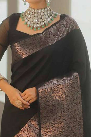 Black Floral Woven Border Lichi Banarasi Silk Saree