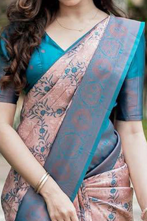 Peach & Blue Floral Woven Lichi Banarasi Silk Saree