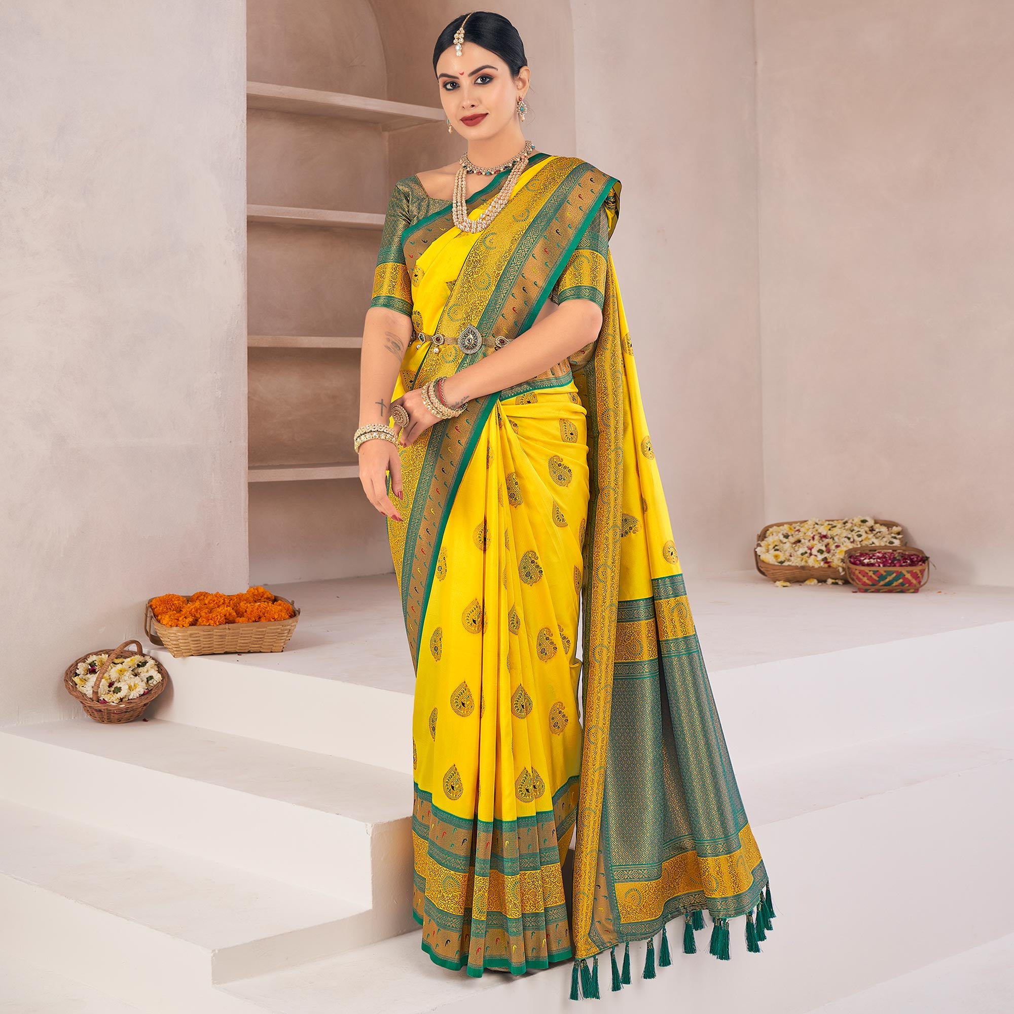 Yellow Woven Pure Silk Saree With Tassels
