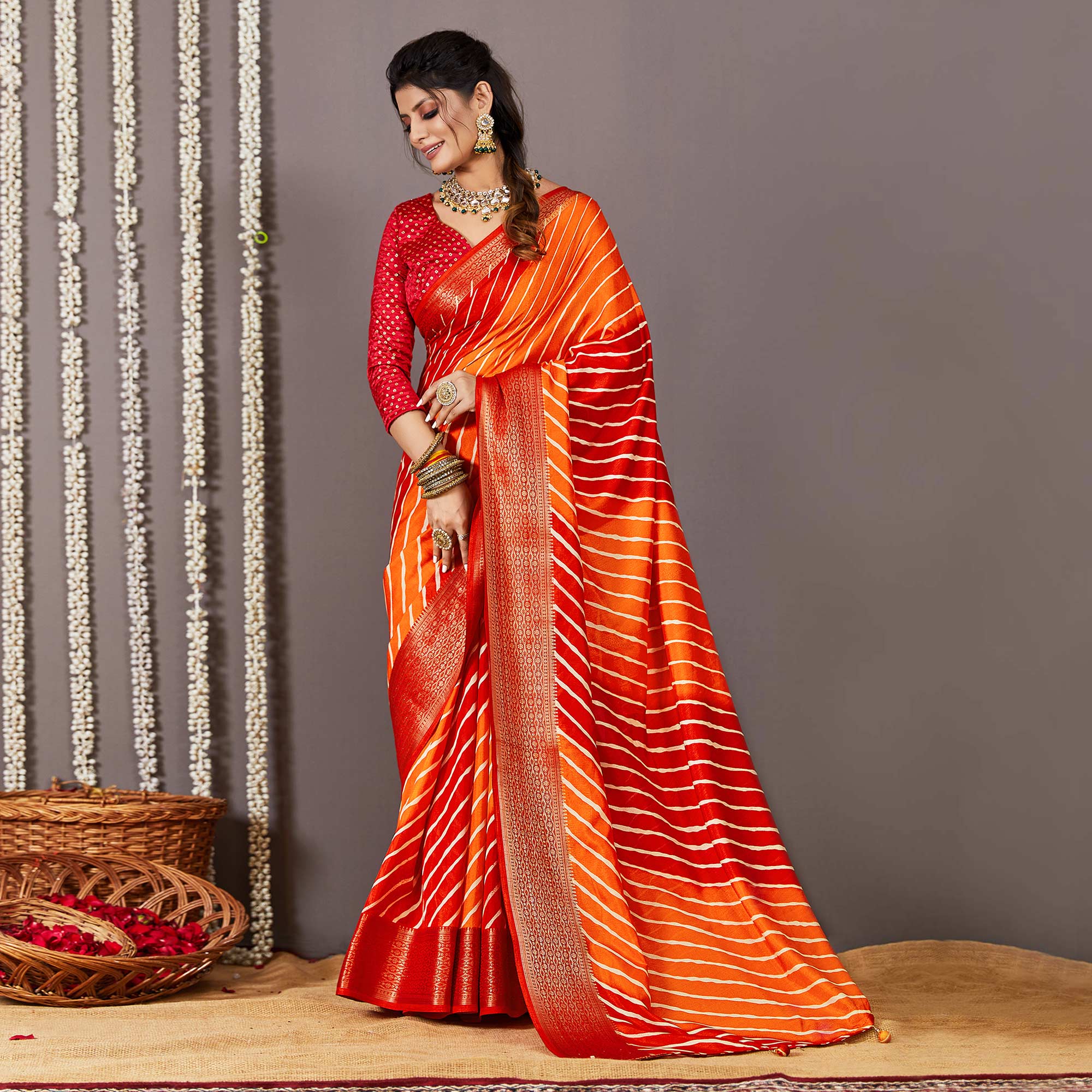 Red & Orange Printed Dola Silk Saree With Zari Border