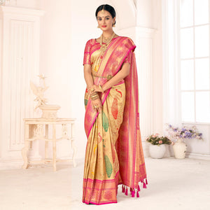 Beige Woven Pure Silk Saree With Tassels