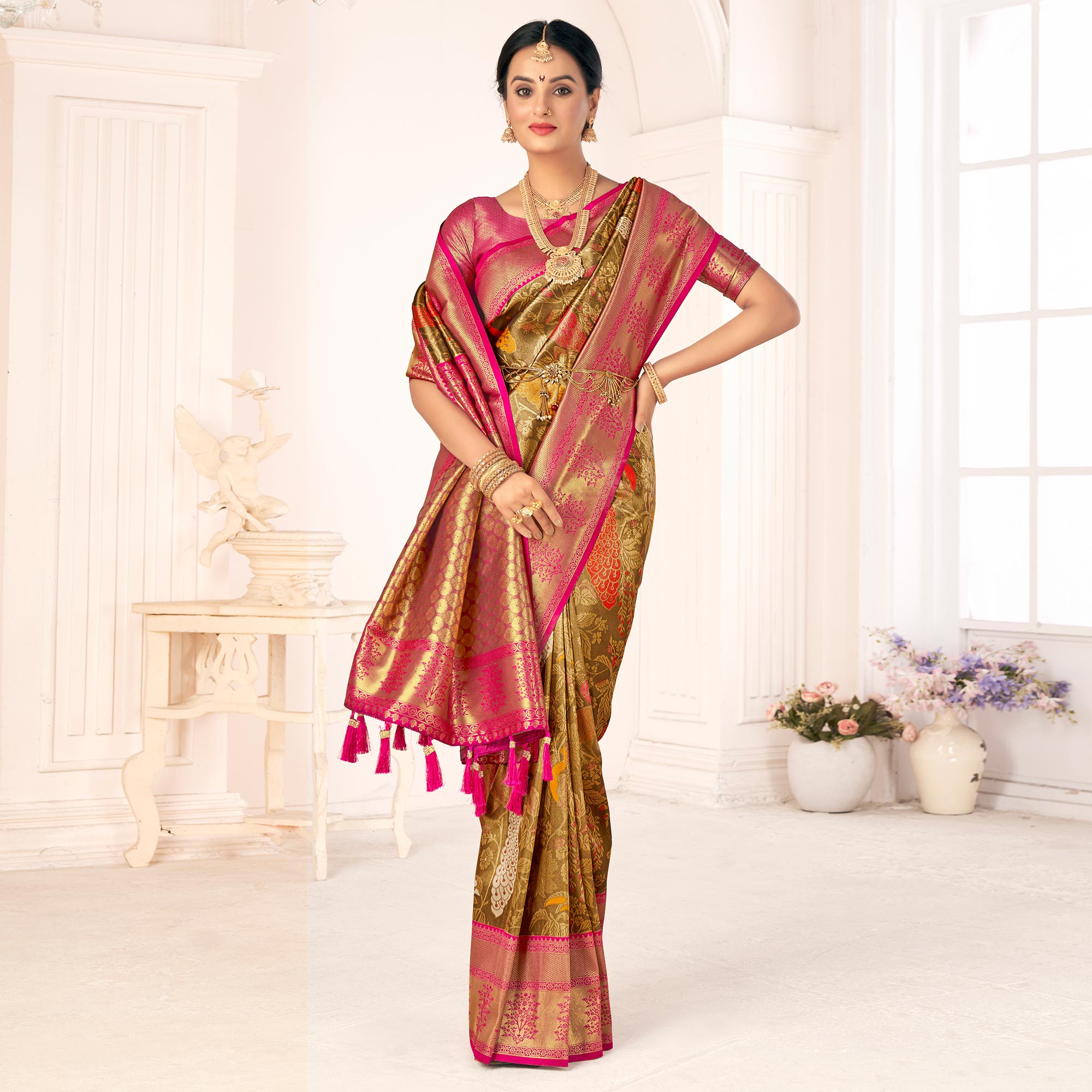 Brown Woven Pure Silk Saree With Tassels