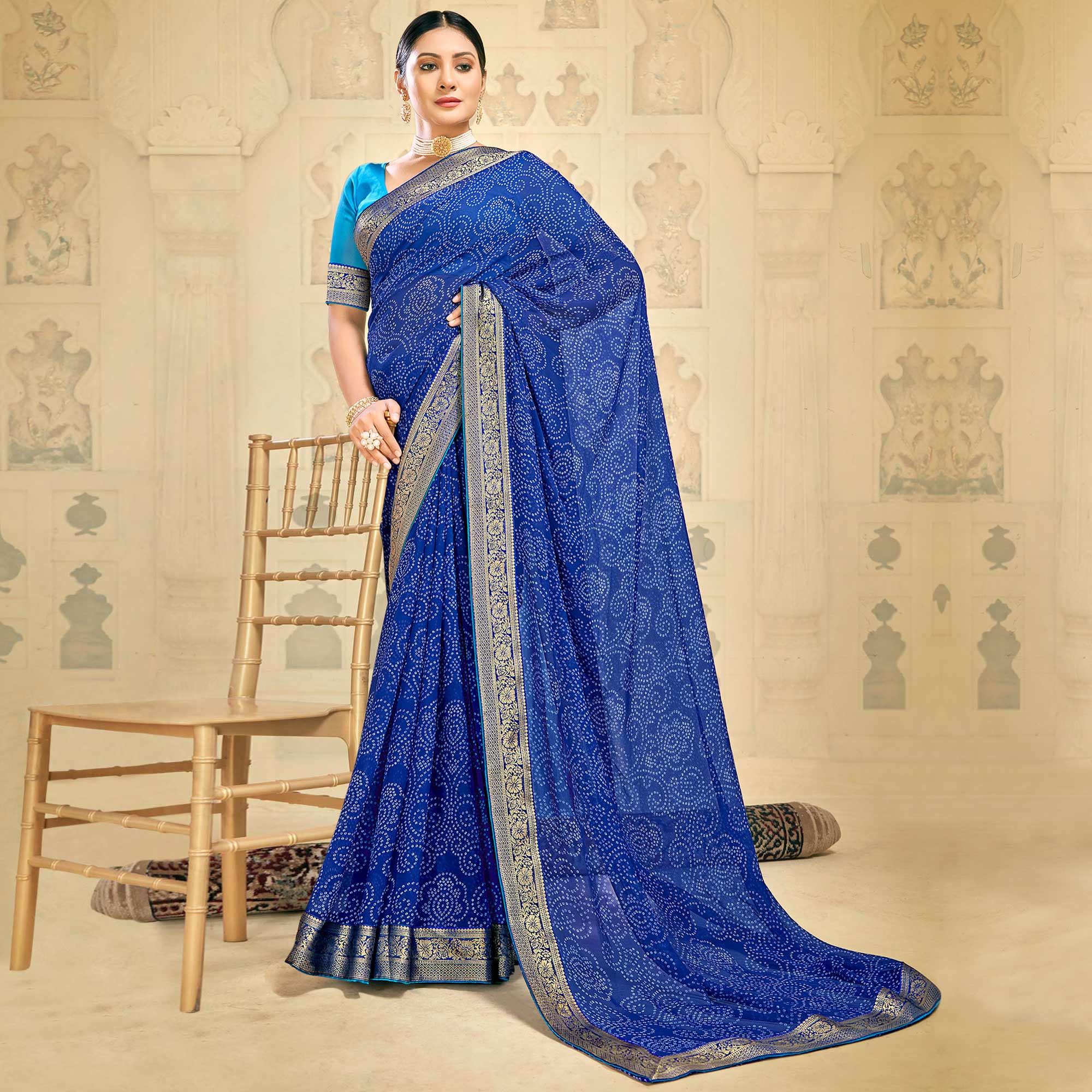 Blue Bandhani Printed Georgette Saree