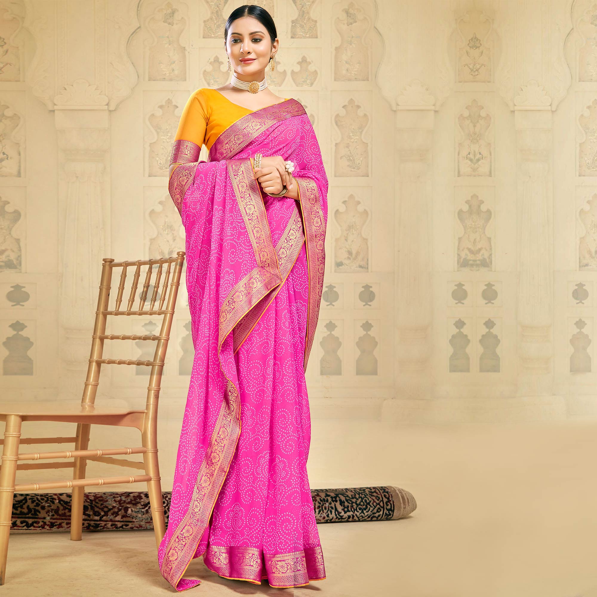 Pink Bandhani Printed Georgette Saree