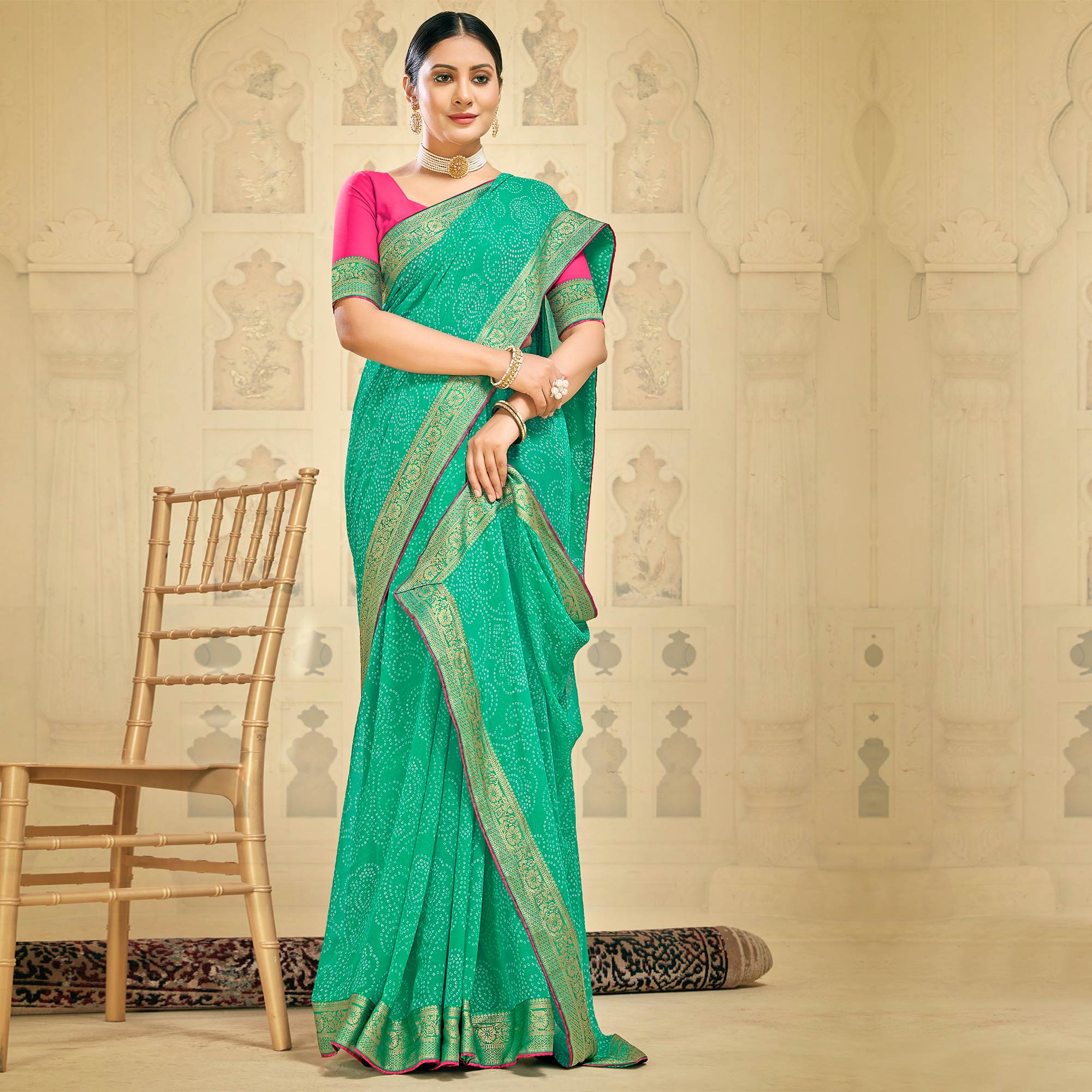 Green Bandhani Printed Georgette Saree