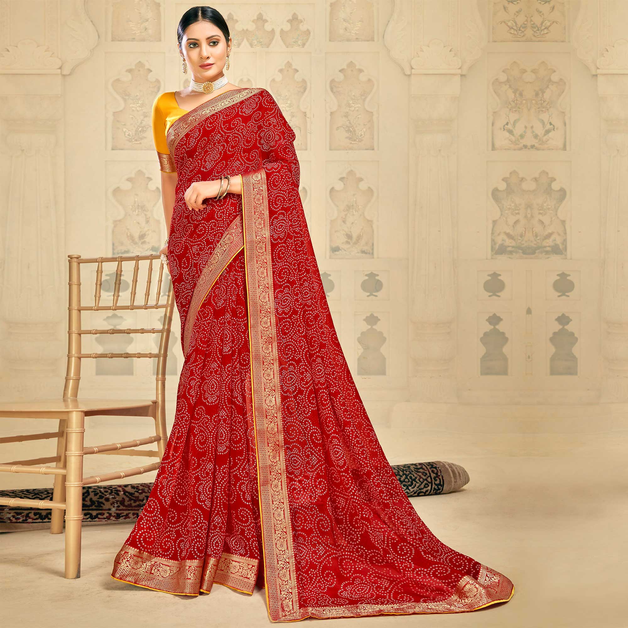 Red Bandhani Printed Georgette Saree