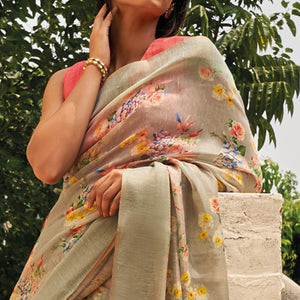 Beige Floral Printed Cotton Saree