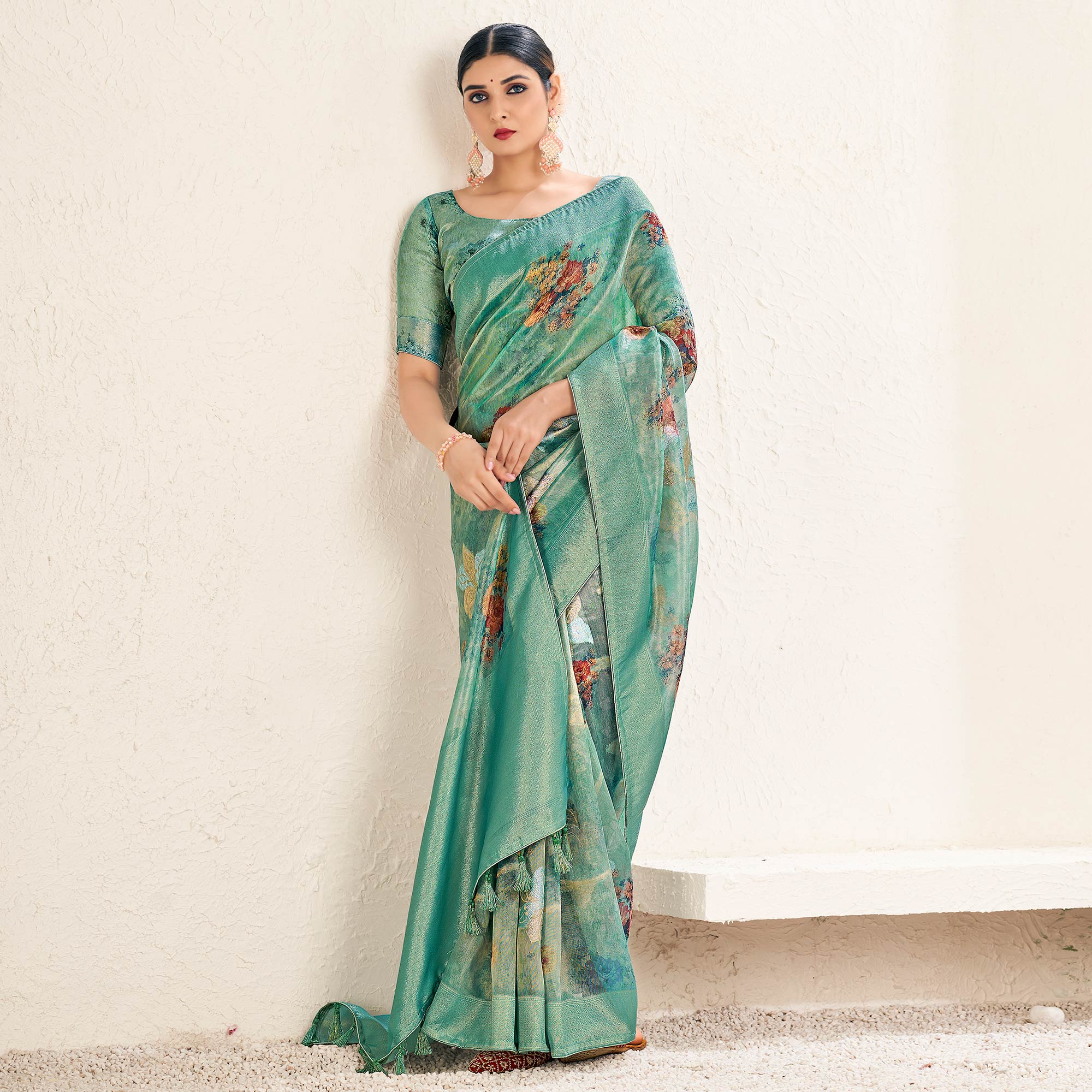 Sea Green Floral Digital Printed Tissue Saree With Tassels