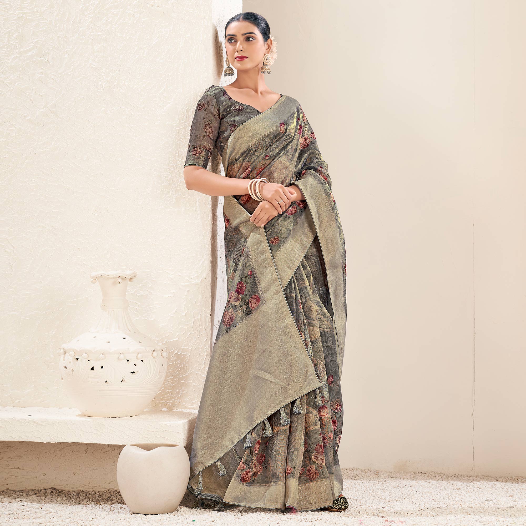 Grey Floral Digital Printed Tissue  Saree With Tassels