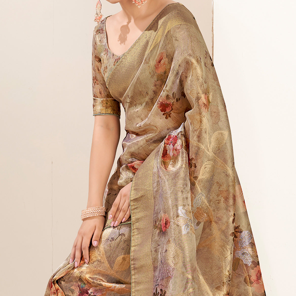 Light Brown Floral Digital Printed Tissue Saree With Tassels