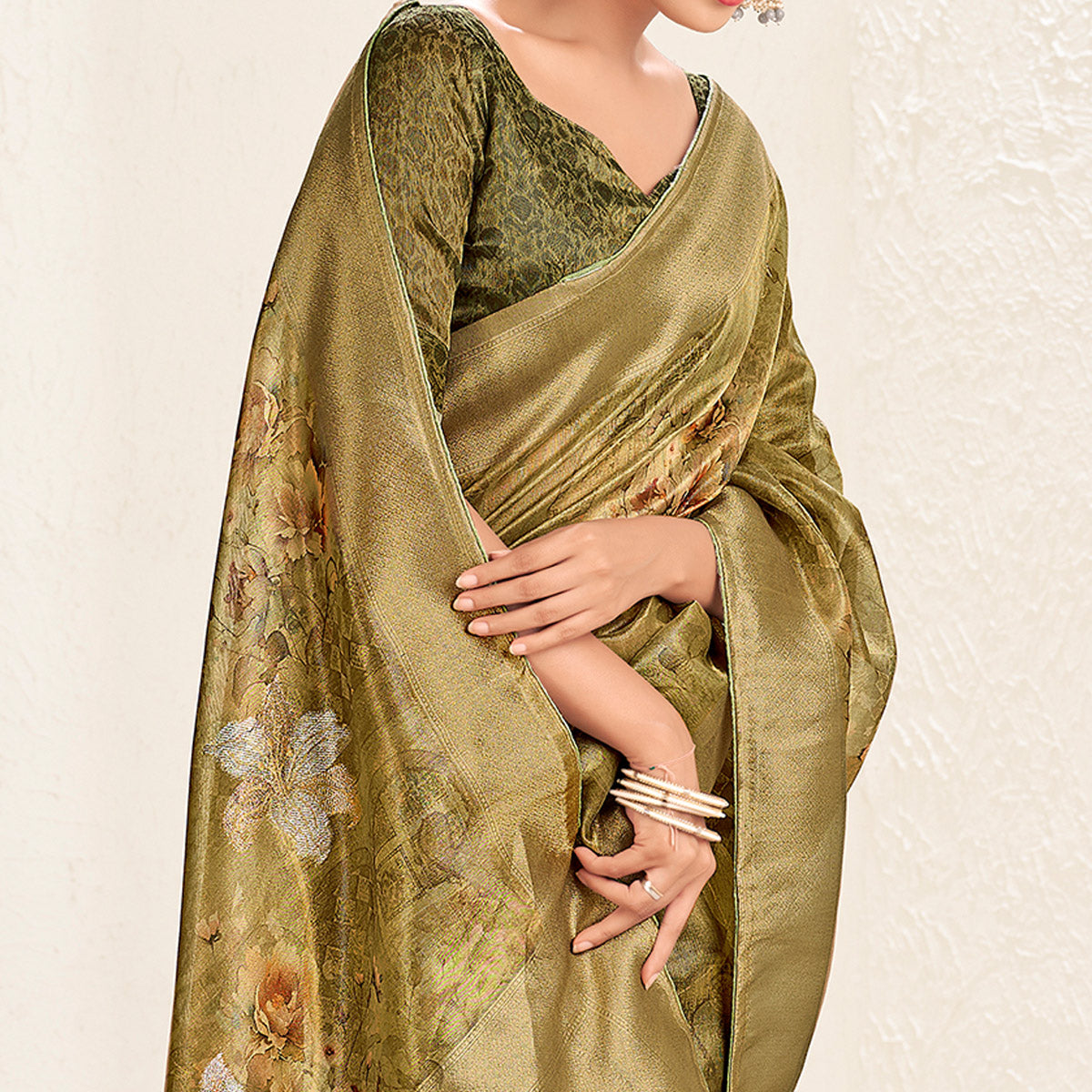 Mehandi Green Floral Digital Printed Tissue Saree With Tassels