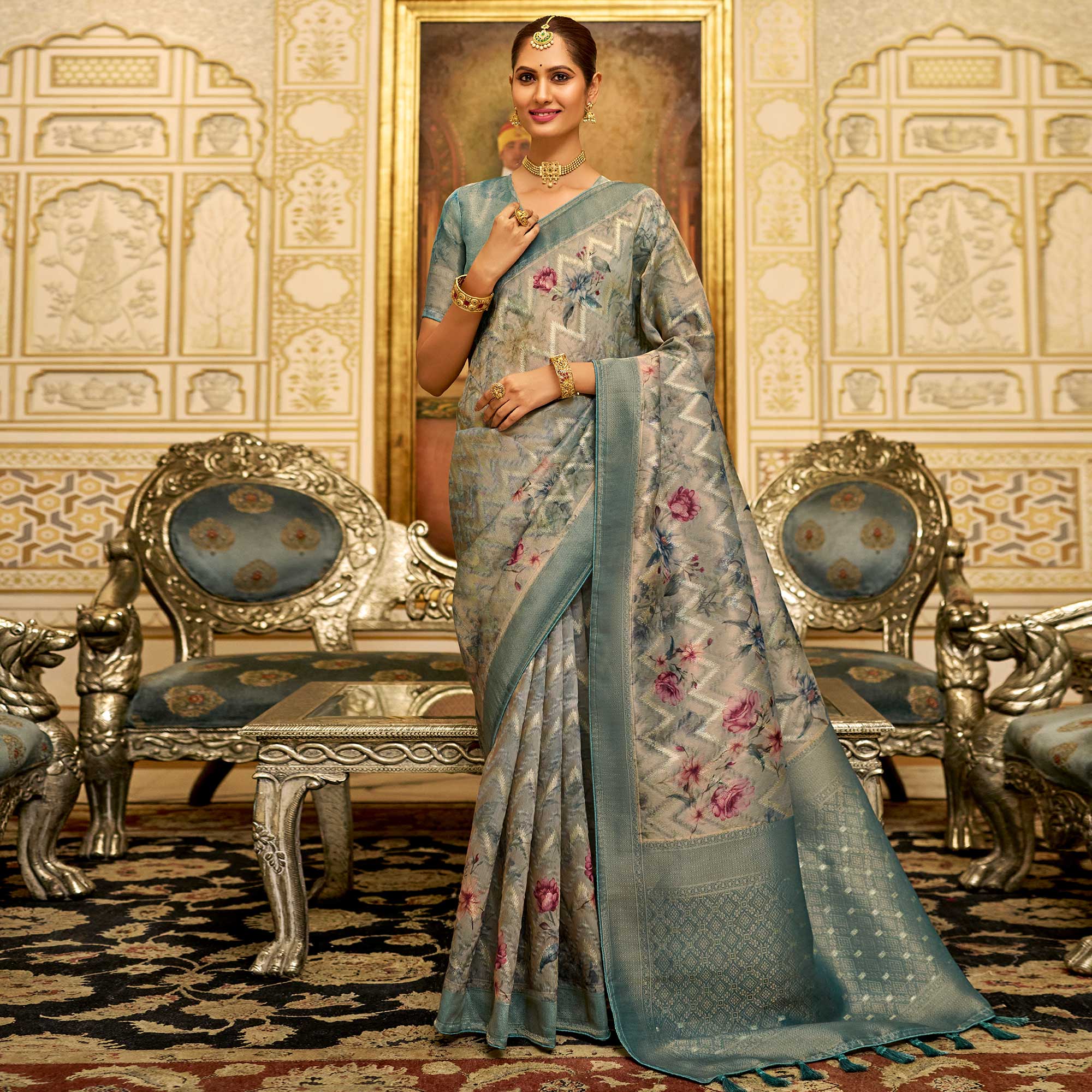 Blue Floral Digital Printed Tissue Saree With Tassels