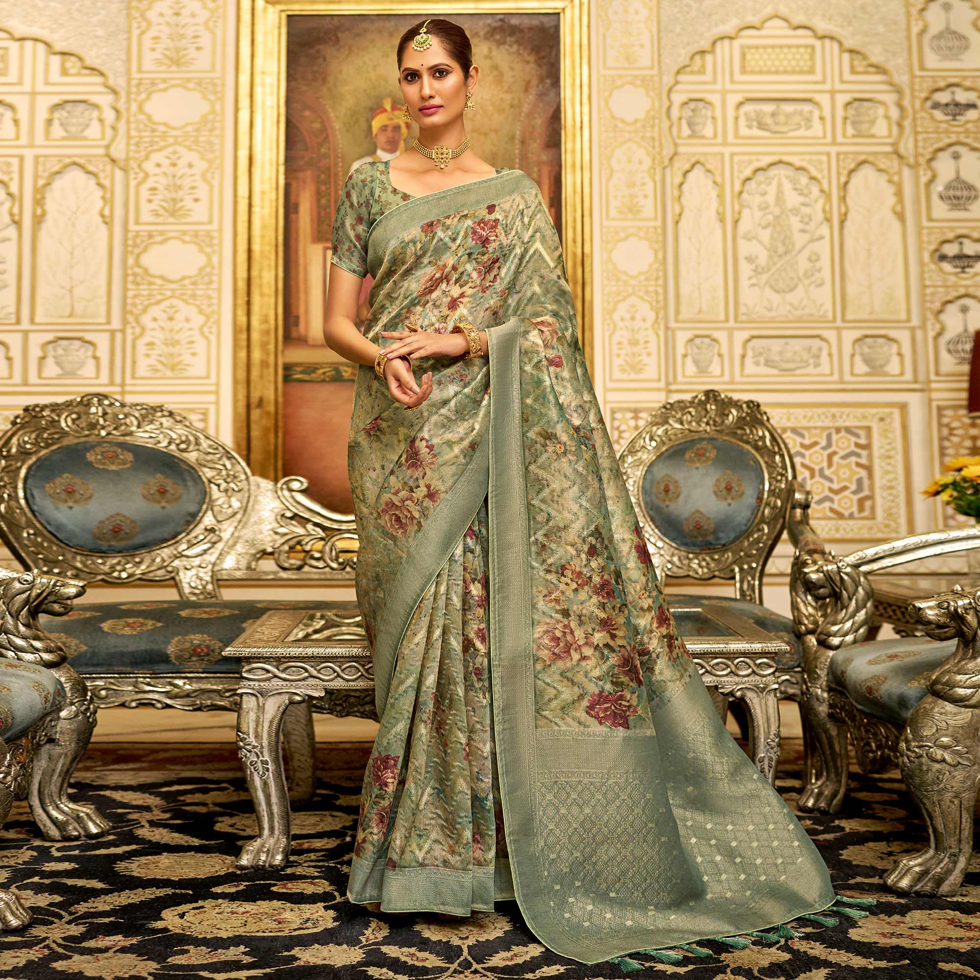 Green Floral Digital Printed Tissue Saree With Tassels