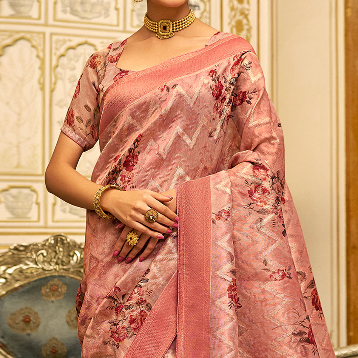 Peach Floral Digital Printed Tissue Saree With Tassels