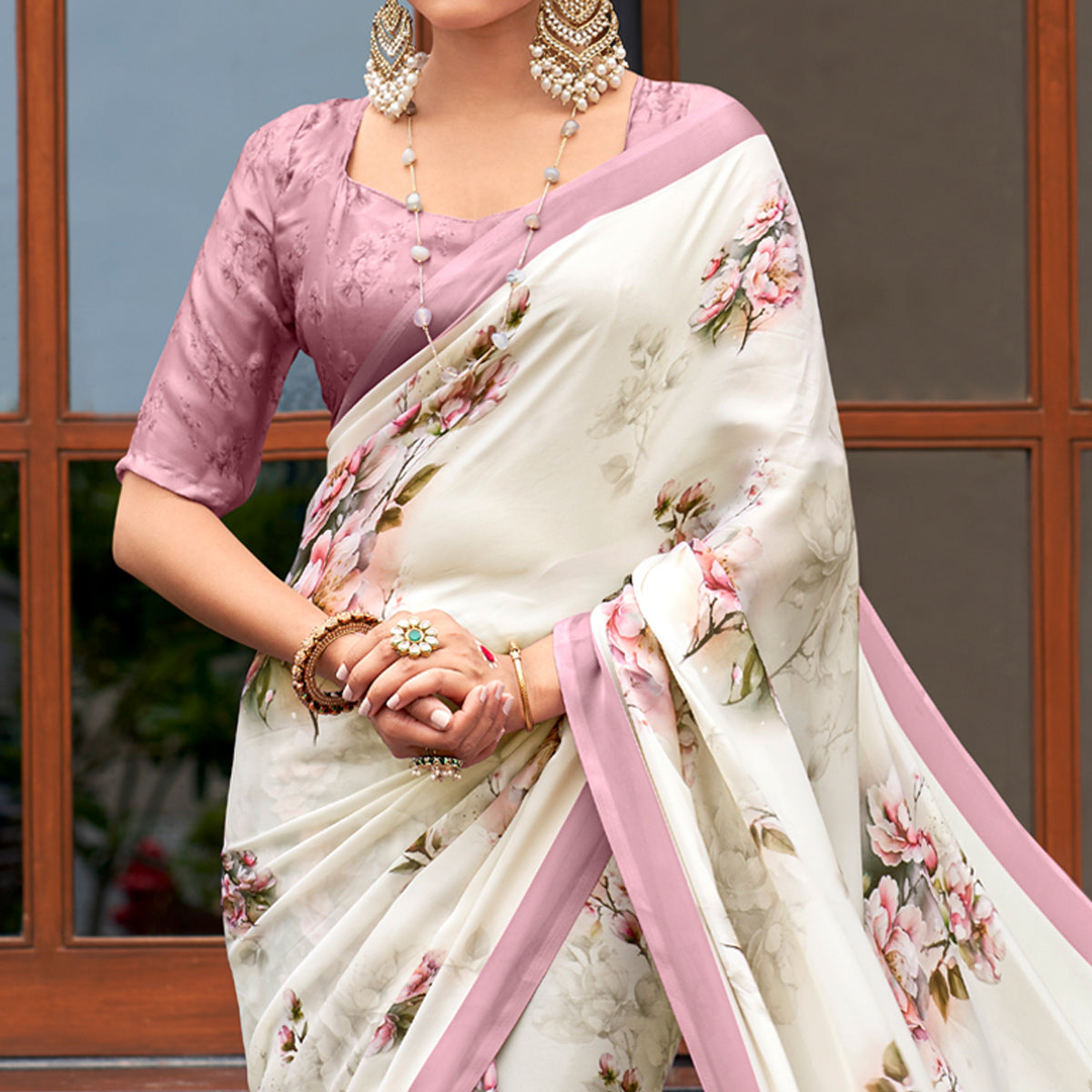 White Floral Digital Printed Satin Saree