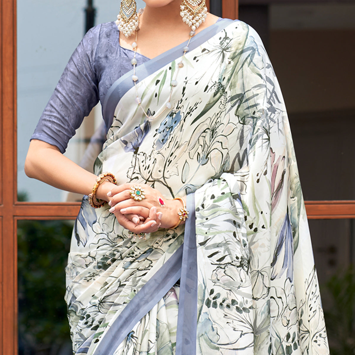 White Floral Digital Printed Satin Saree