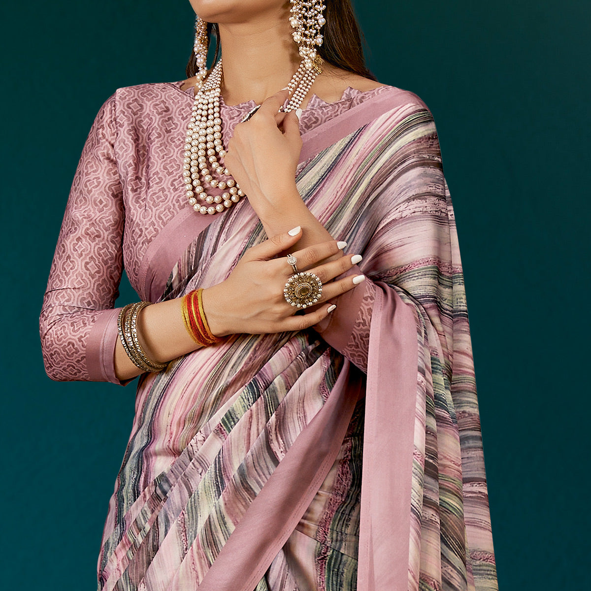 Dusty Pink Digital Printed Satin Saree