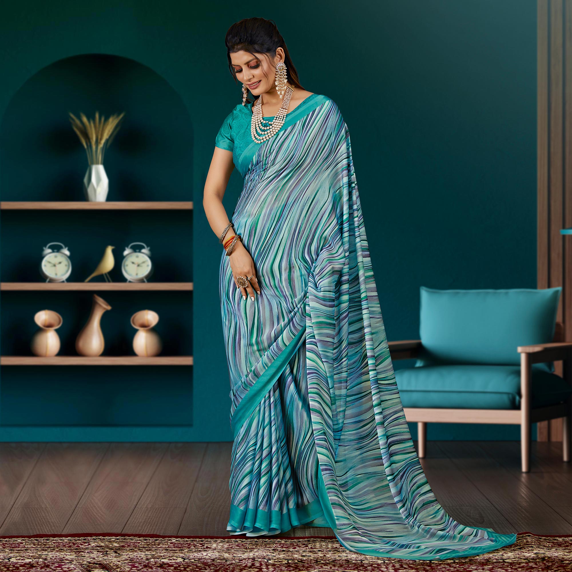 Turquoise Digital Printed Satin Saree