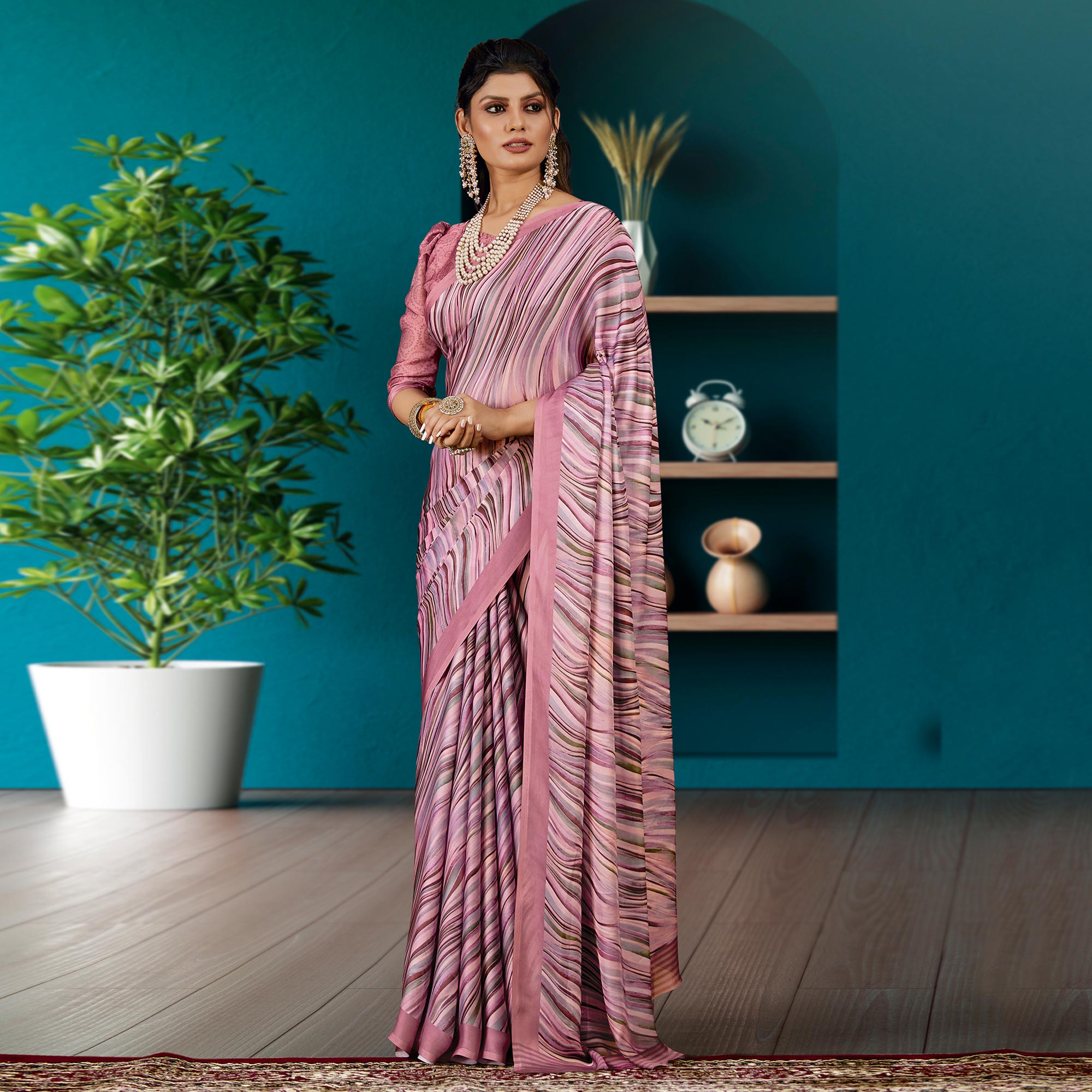 Mauve  Digital Printed Satin Saree