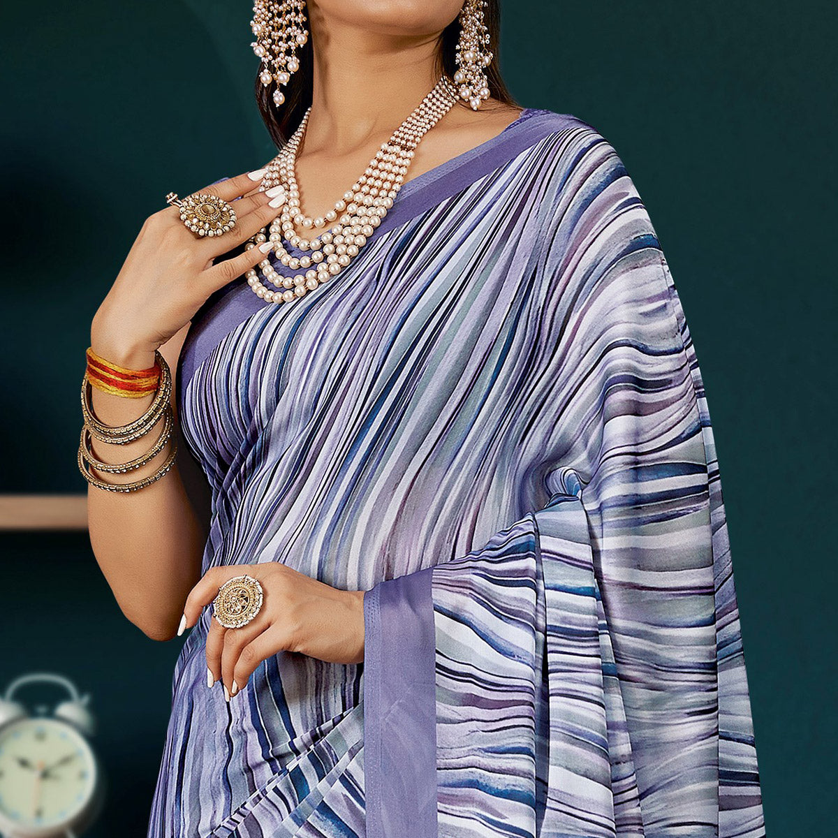 Light Purple Digital Printed Satin Saree