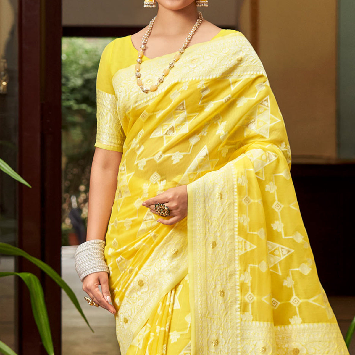 Yellow Woven Cotton Silk Saree With Tassels