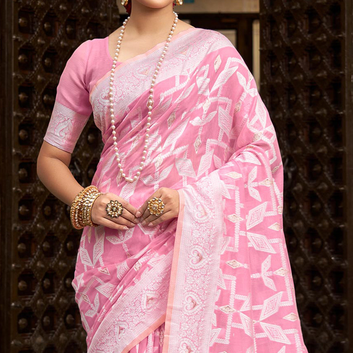 Pink Woven Cotton Silk Saree With Tassels