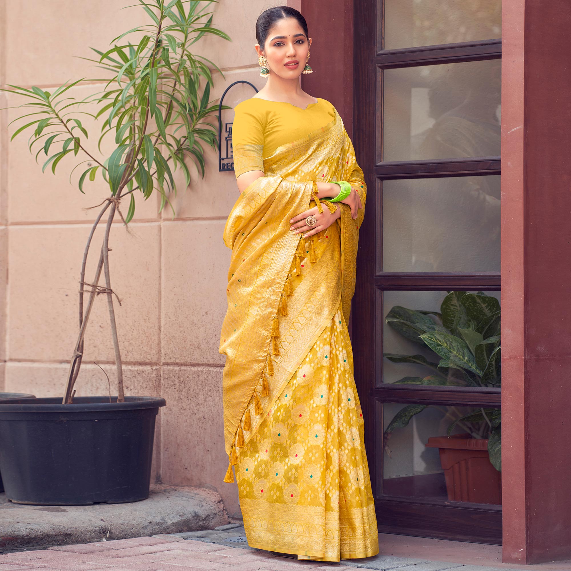 Yellow Woven Cotton Silk Saree With Tassels