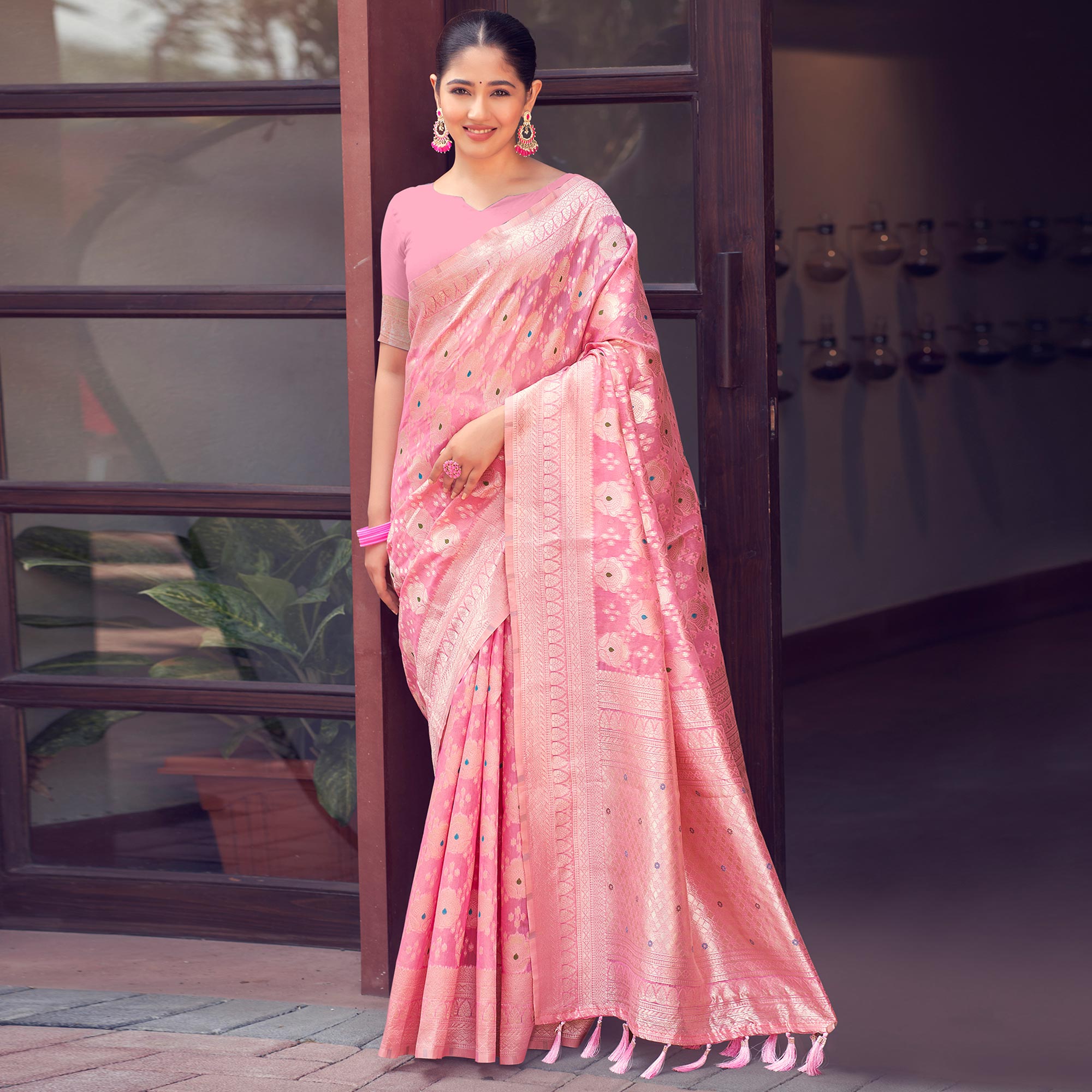 Pink Woven Cotton Silk Saree With Tassels