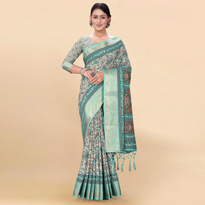 Blue Floral Digital Printed Pure Cotton Saree