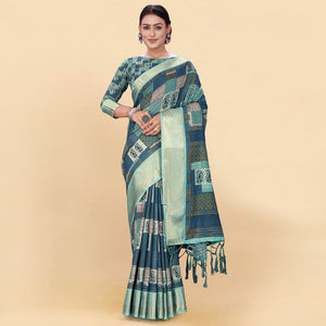 Blue Digital Printed Pure Cotton Saree