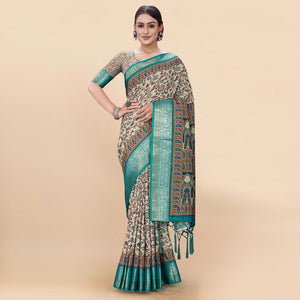 Blue Floral Digital Printed Pure Cotton Saree